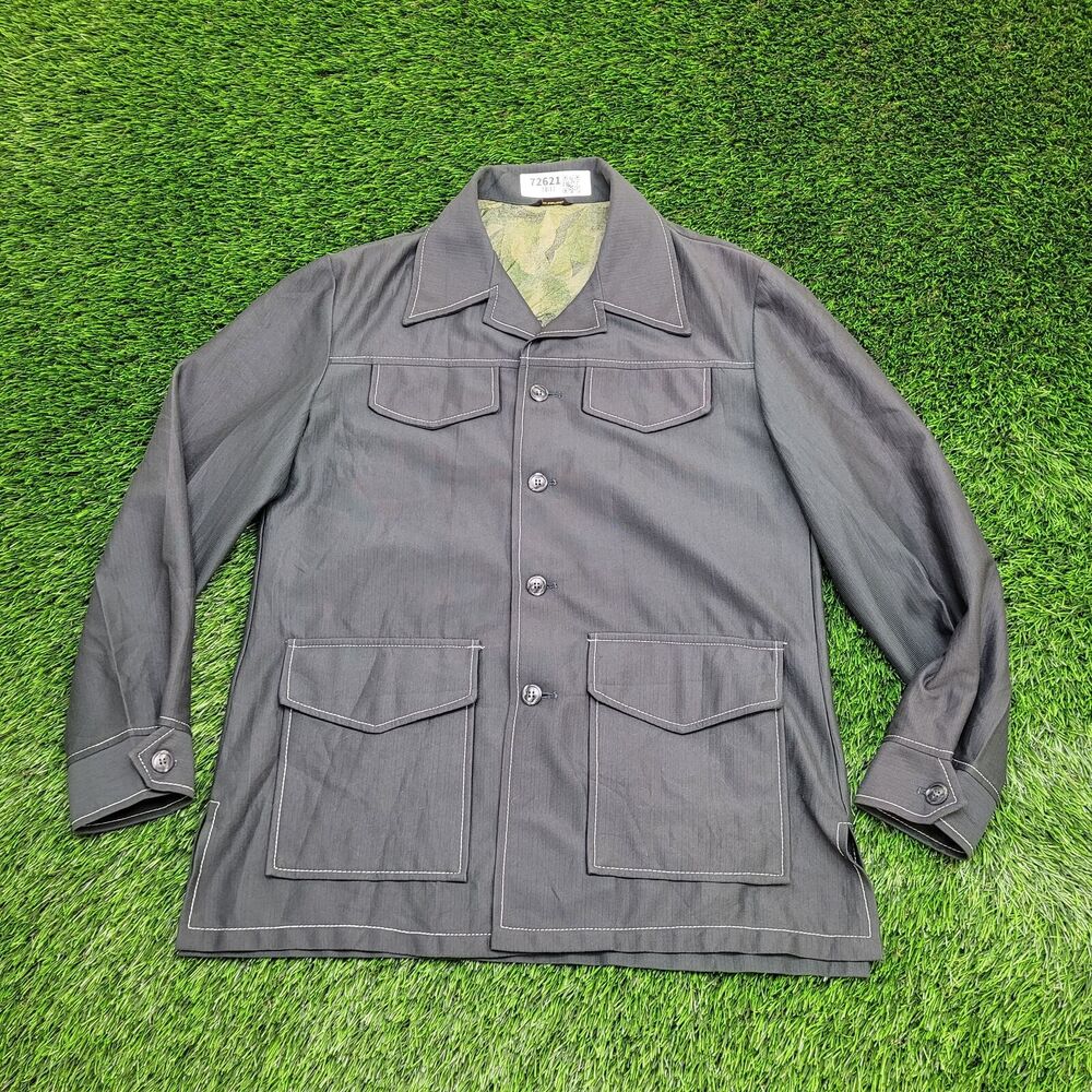 Vintage 70s Safari Style Chore Coat Jacket S/M 21x30 Dagger Collar Scovill Zip